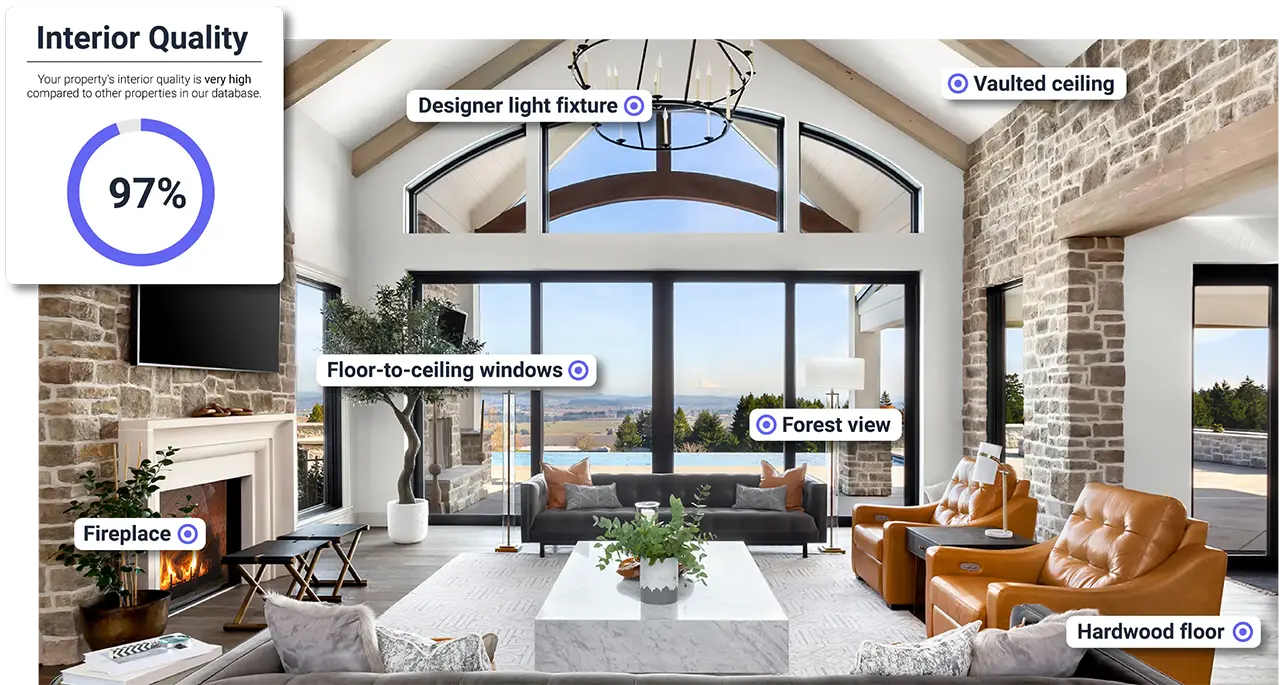 Home interior with callouts for interior quality, fireplace, designer light fixtures, floor-to-ceiling windows, vaulted ceiling, and hardwood floor overlooking a forested area