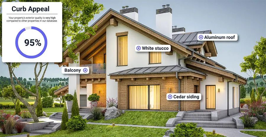 Home exterior with callouts for white stucco siding, a balcony, cedar siding, an aluminum roof and a rating of curb appeal