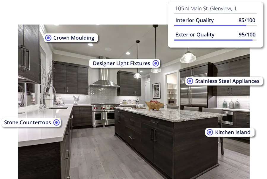 Kitchen with callouts for interior and exterior quality, stainless steel appliances, stone countertops, kitchen island, designer light fixtures and crown molding