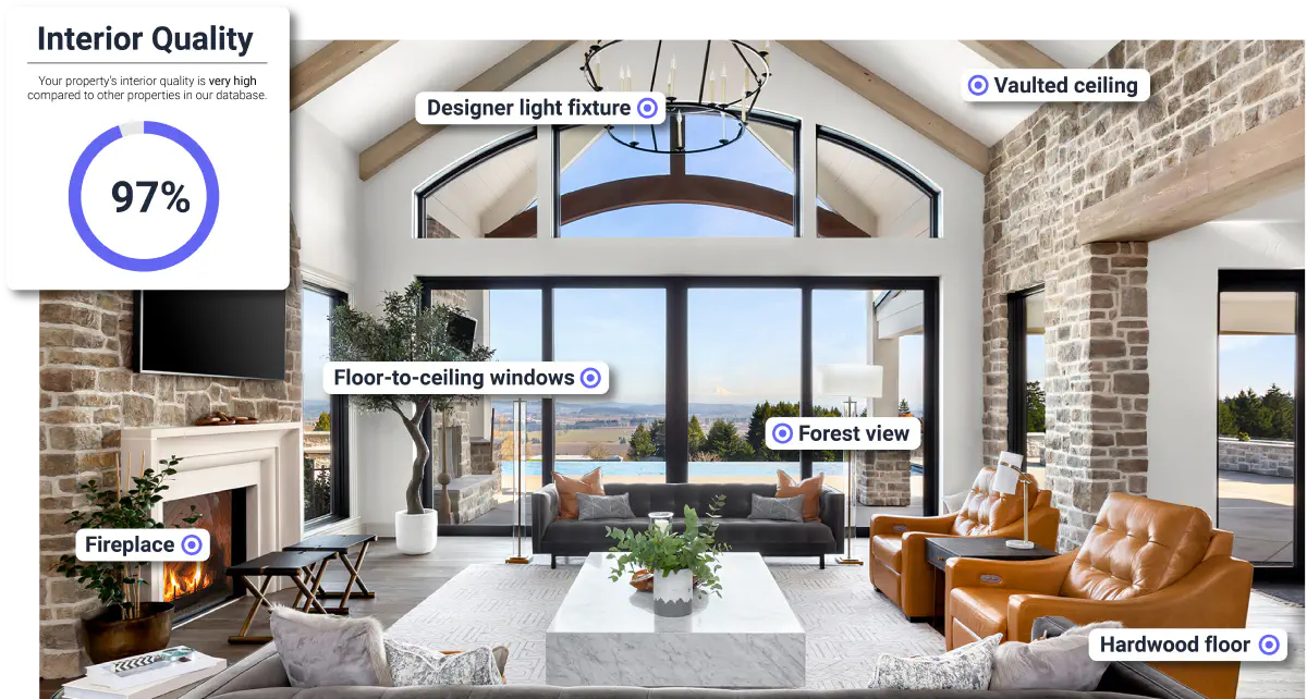A living room, with overlay of detected amenities, and a predicted quality score