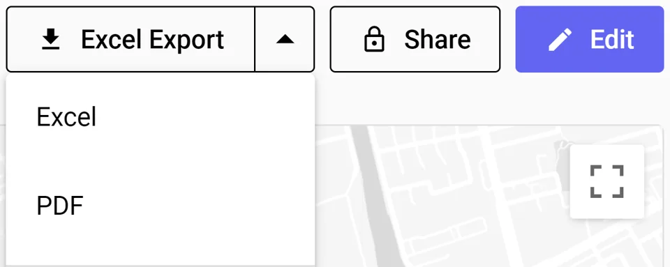 Export dropdown in HelloData showing Excel and PDF options beside the Share and Edit buttons