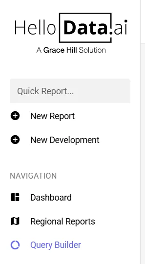HelloData app sidebar navigation showing Dashboard, Regional Reports and Query Builder, with Query Builder selected